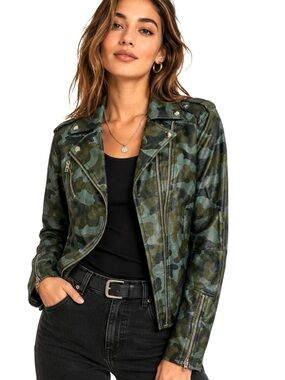 Colleen Lopez Moto Camouflage Green Faux Leather Jacket M